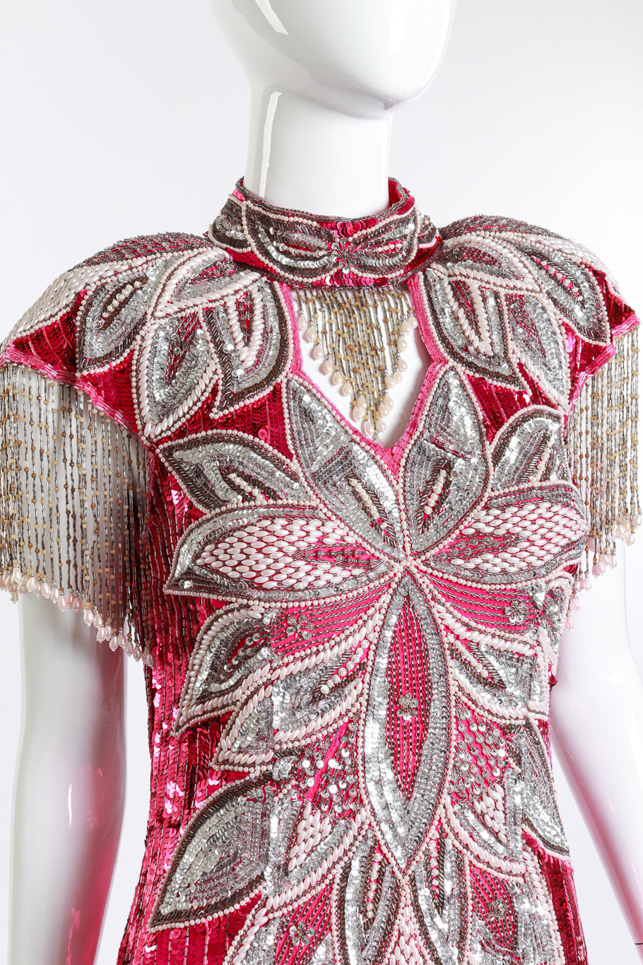 Vintage Sequins Originals Sequin Beaded Fringe Gown front on mannequin closeup @recess la