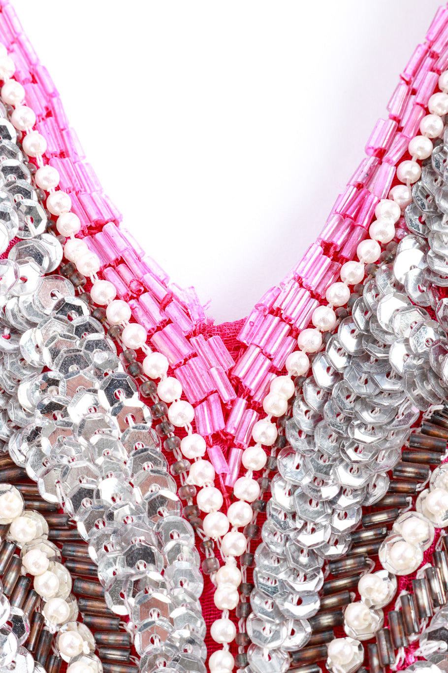 Vintage Sequins Originals Sequin Beaded Fringe Gown missing neckline bead closeup @recess la