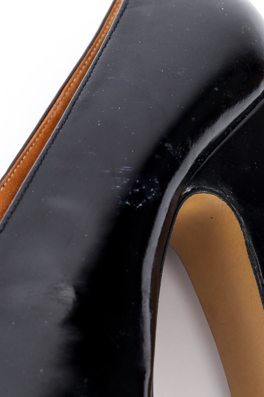 Vintage Vivienne Westwood 1993 F/W Patent Leather Elevated Court Shoe scuff on left outer closeup @recessla