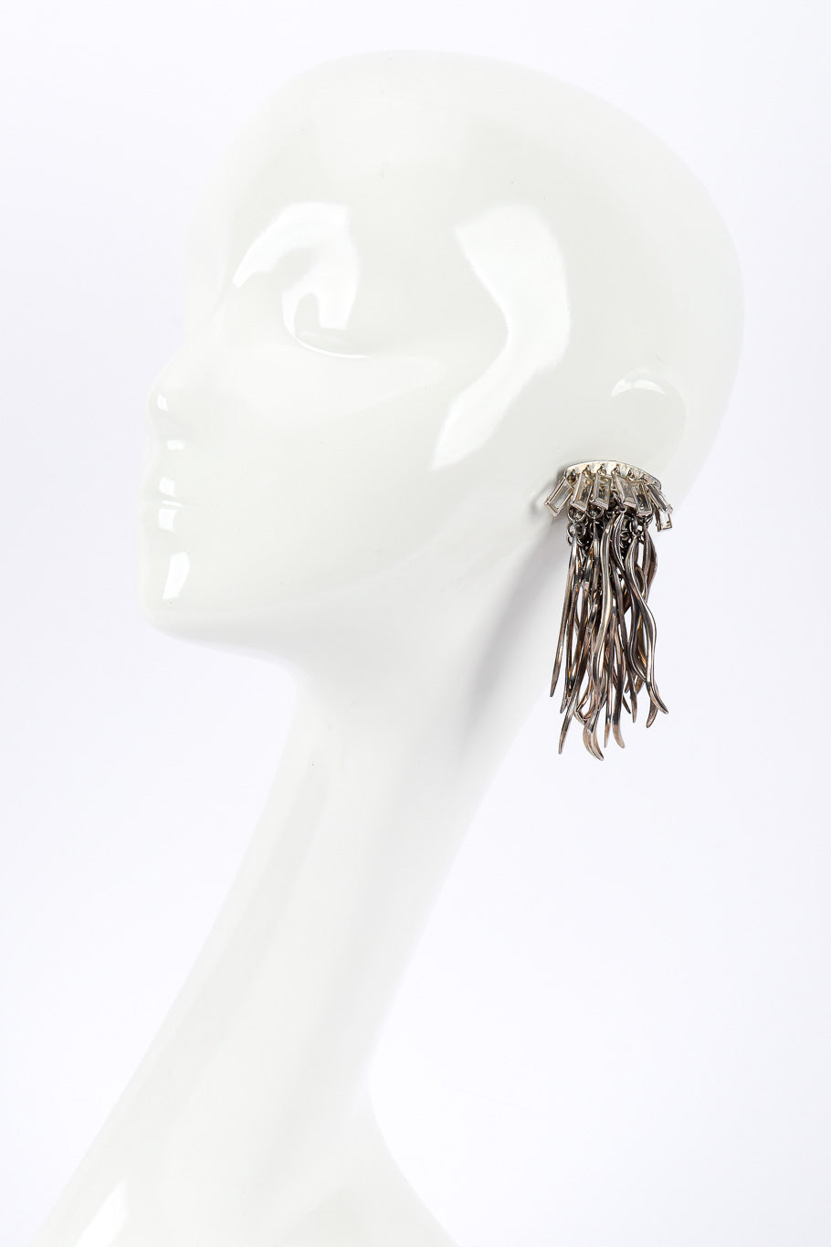 Vintage Sorrelli Silver Fringe Brutalist Earrings on mannequin @Recessla