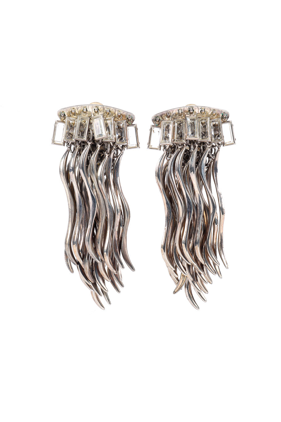 Vintage Sorrelli Silver Fringe Brutalist Earrings front view @Recessla