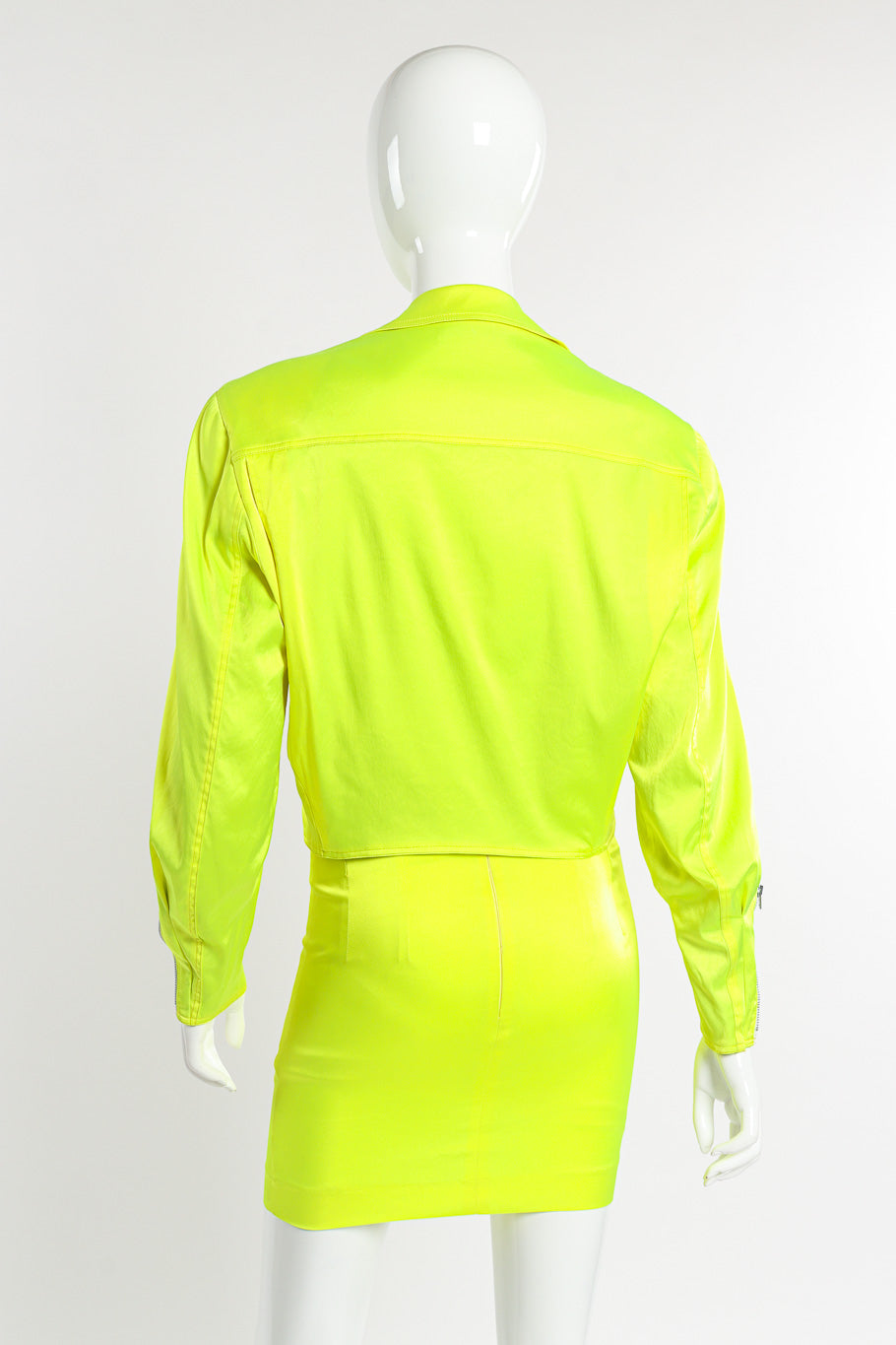 Day-Glo Moto Jacket & Skirt Set by Stephan Sprouse on mannequin close back @recessla