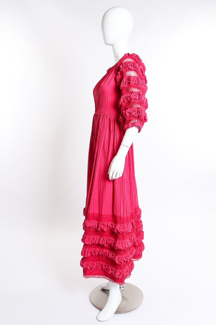 Vintage Tachi Castillo Mexican Pintuck Ruffle Dress side on mannequin @recess la
