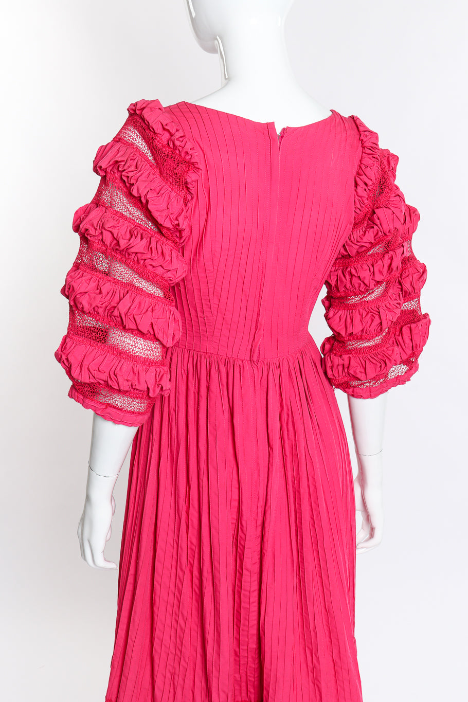 Vintage Tachi Castillo Mexican Pintuck Ruffle Dress back on mannequin closeup without belt @recess la