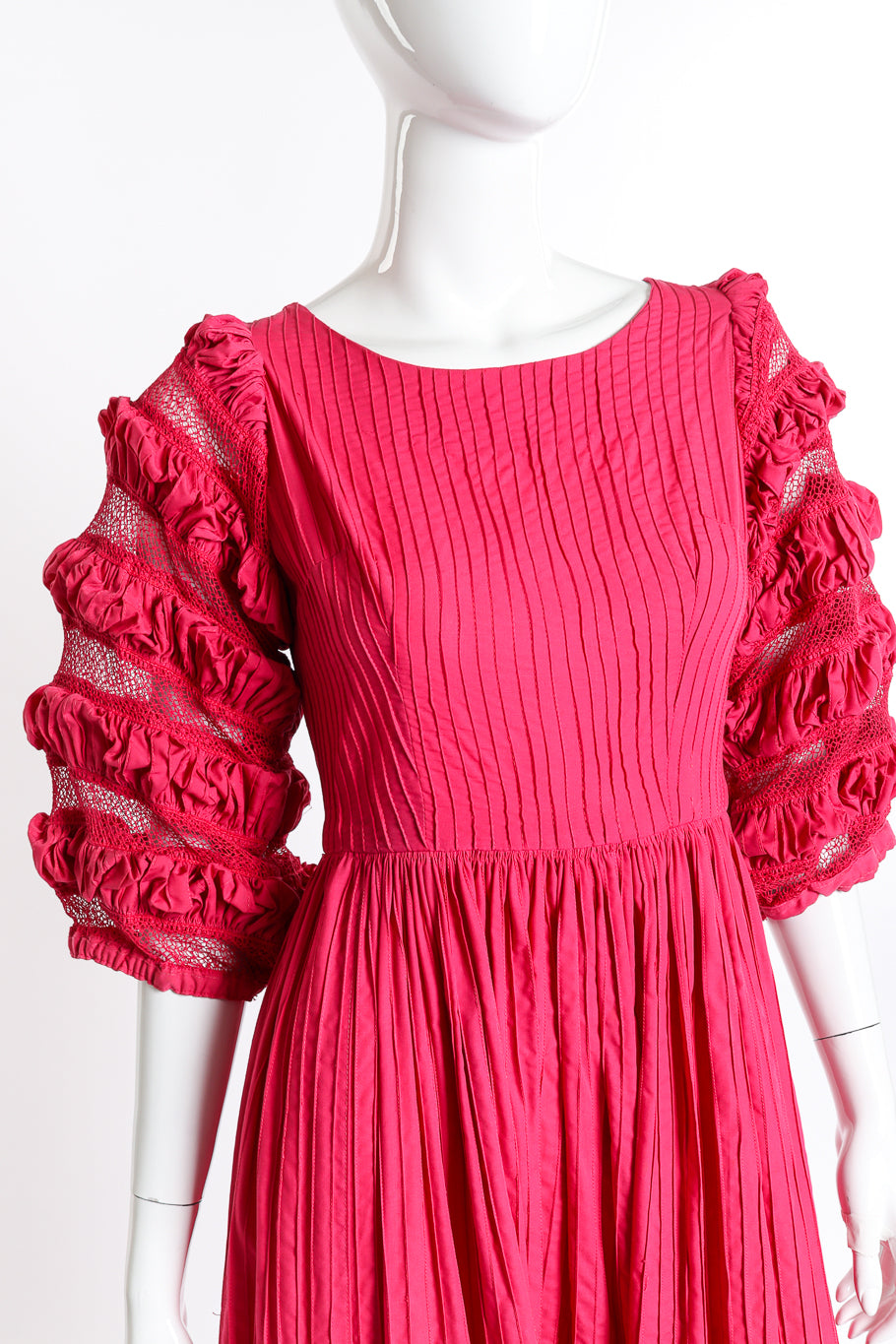 Vintage Tachi Castillo Mexican Pintuck Ruffle Dress front on mannequin closeup without belt @recess la