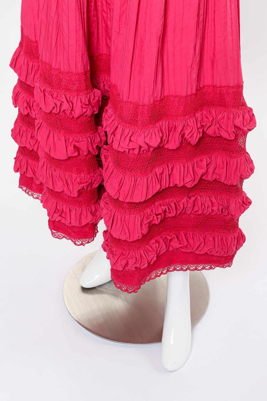 Vintage Tachi Castillo Mexican Pintuck Ruffle Dress ruffled hem on mannequin closeup @recess la