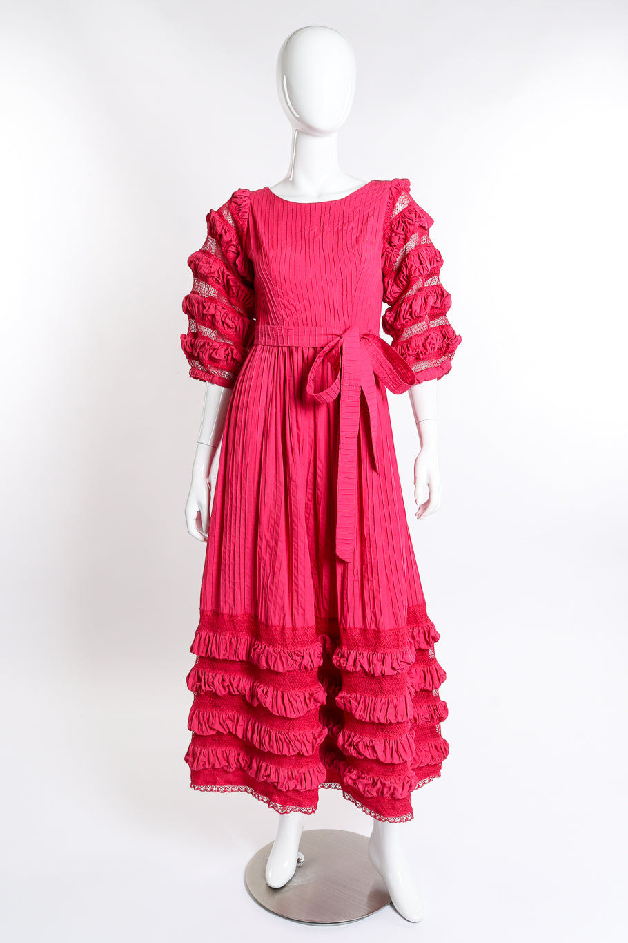 Vintage Tachi Castillo Mexican Pintuck Ruffle Dress front on mannequin @recess la