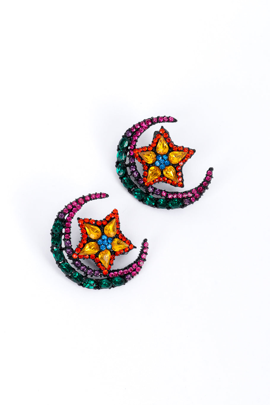 Vintage Thelma Deutsch Crescent Moon & Star Crystal Earrings front @recess la