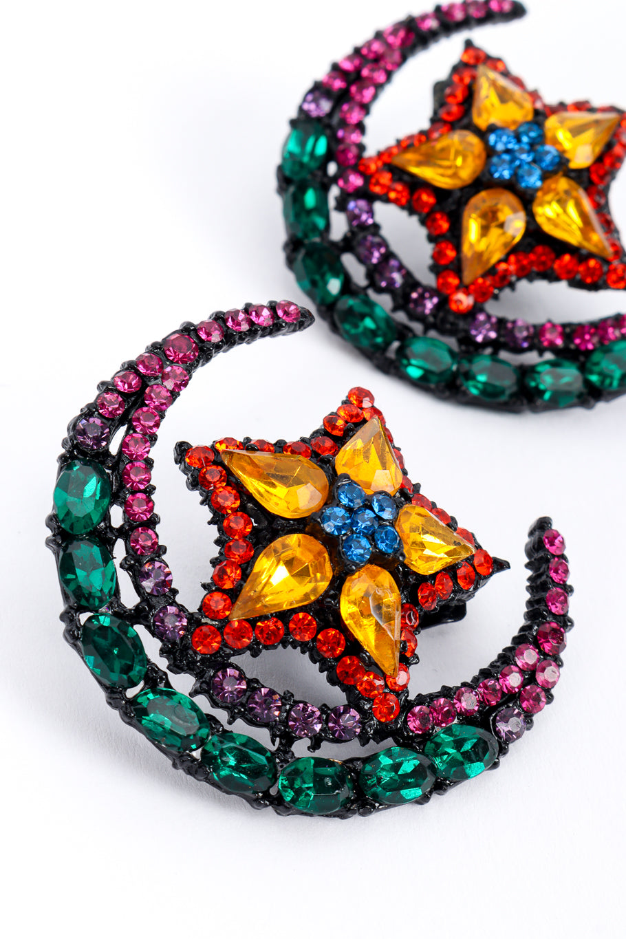 Vintage Thelma Deutsch Crescent Moon & Star Crystal Earrings crystal closeup @recess la