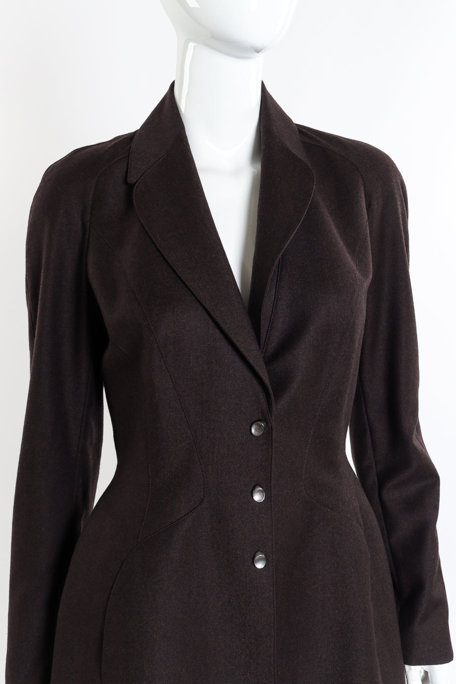 Vintage Thierry Mugler Sculpted Pantsuit jacket front on mannequin closeup @recessla