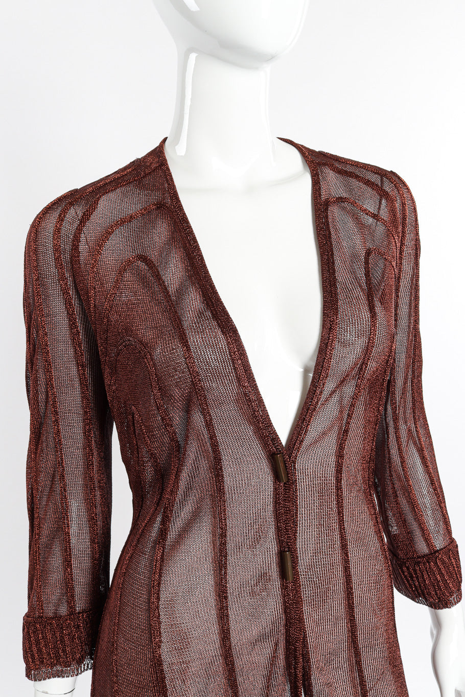 Vintage Thierry Mugler Metallic Cable Cardigan front on mannequin closeup @recessla