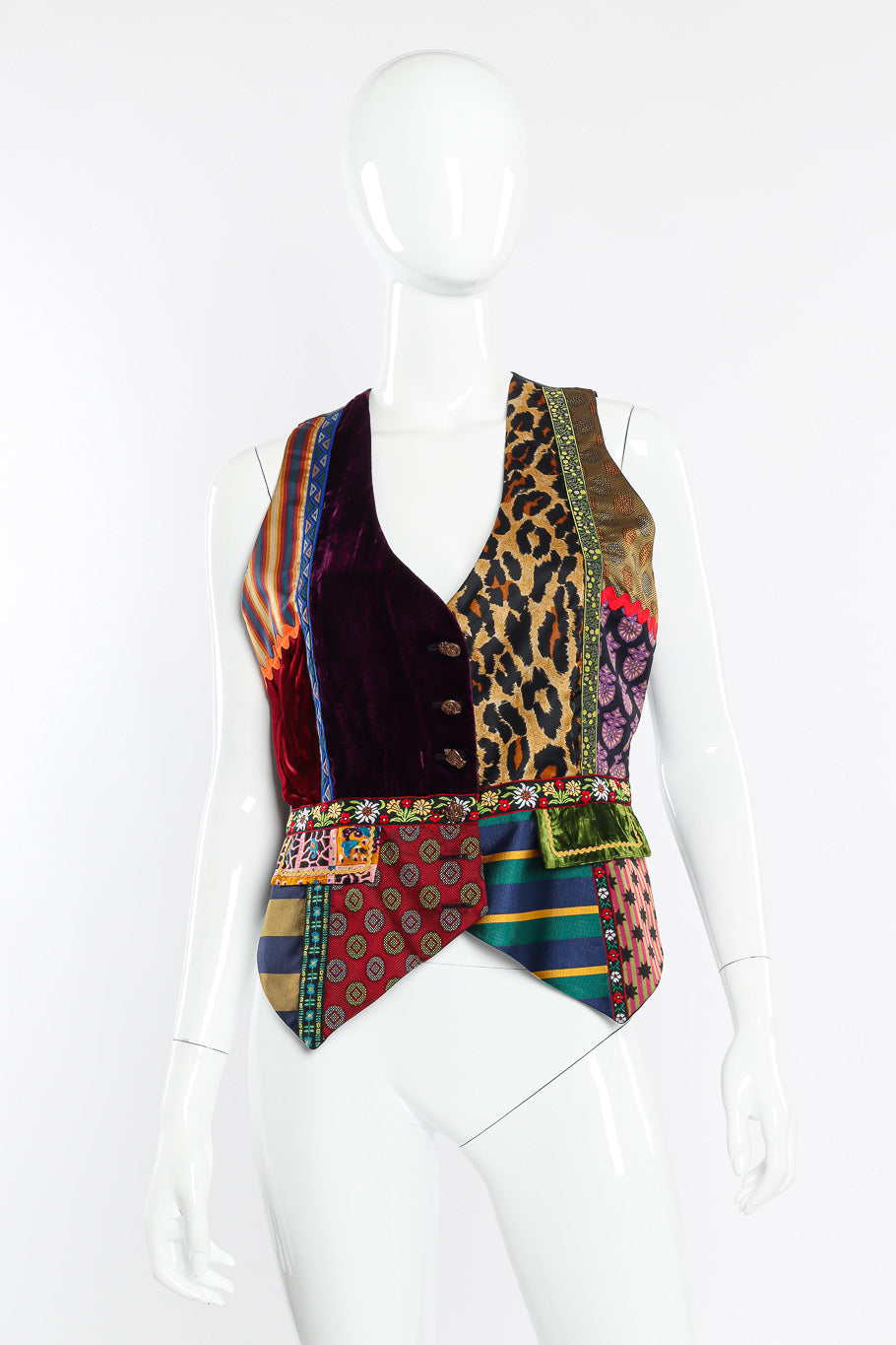 Silk and wool patchwork vest by Todd Oldham on mannequin front @recessla