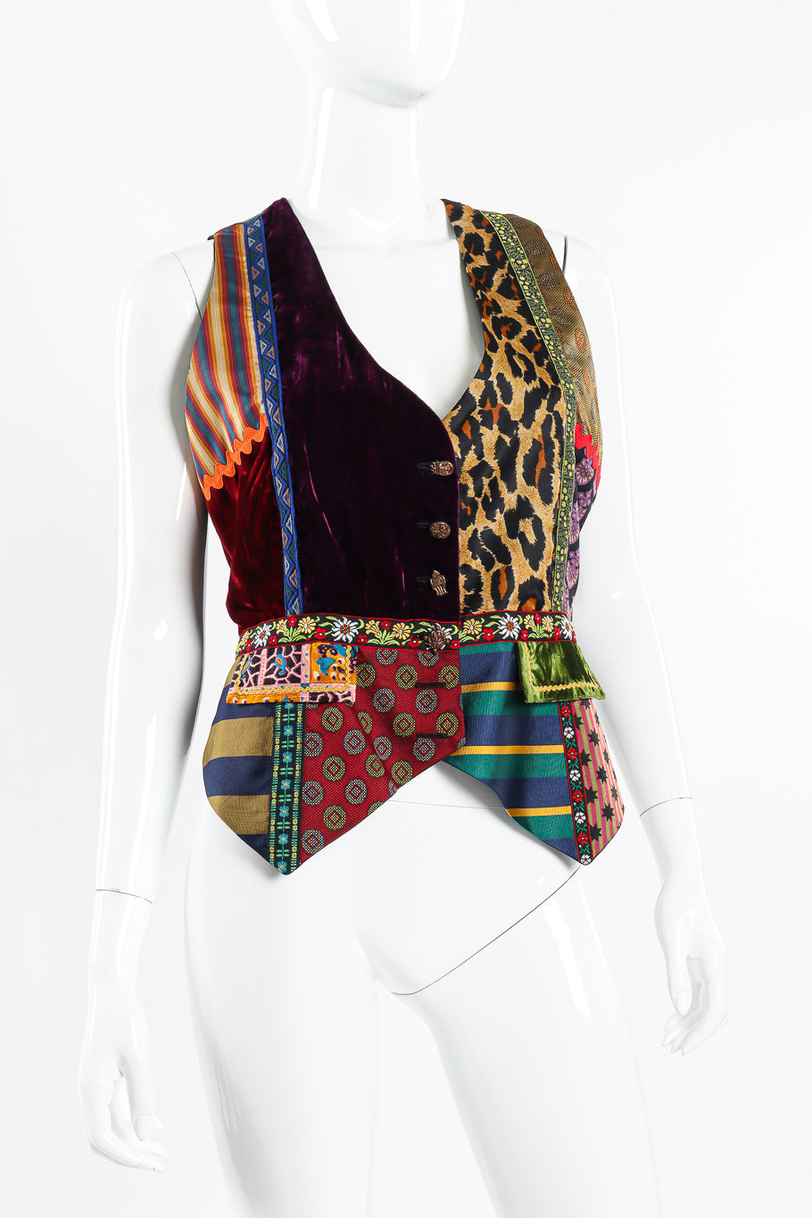 Silk and wool patchwork vest by Todd Oldham on mannequin front close @recessla