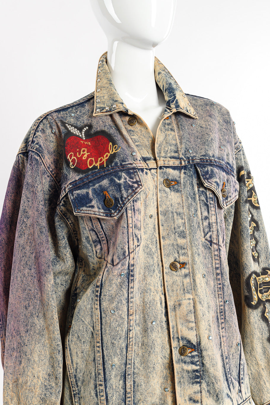 Vintage Tony Alamo The Big Apple Denim Jacket 3/4 view on mannequin closeup @Recessla