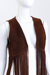 Vintage Trapper's Bay Long Fringe Suede Vest front on mannequin closeup @recess la