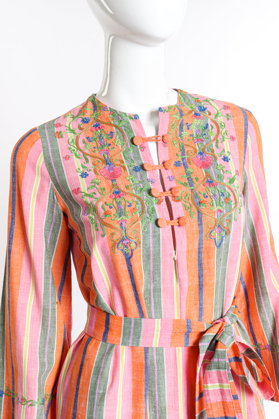 Vintage Tracy Lowe Embroidered Stripe Tunic Dress front on mannequin closeup @recess la