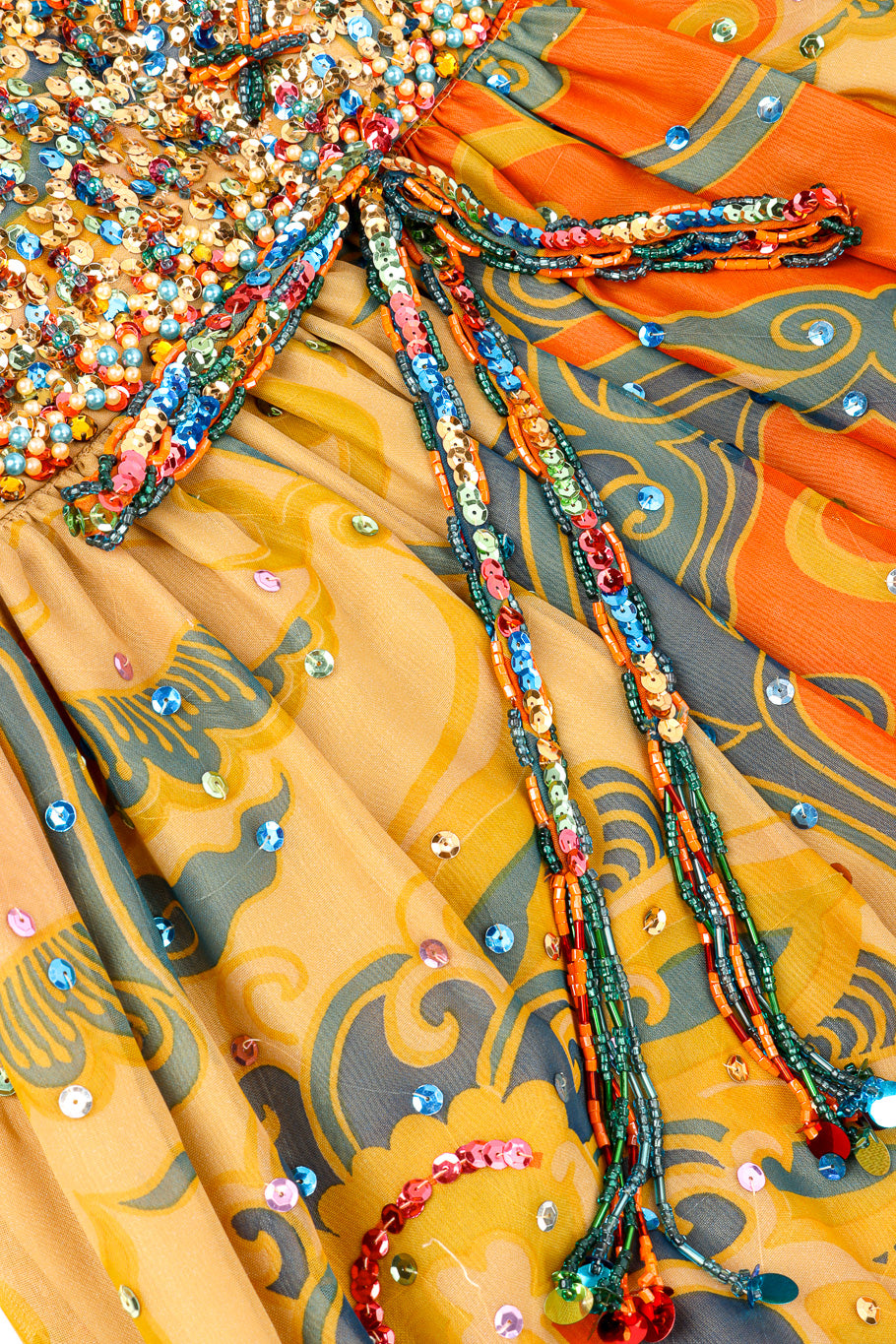 Vintage Valentina Shirred Sequin Maxi Dress beaded ties closeup @recessla