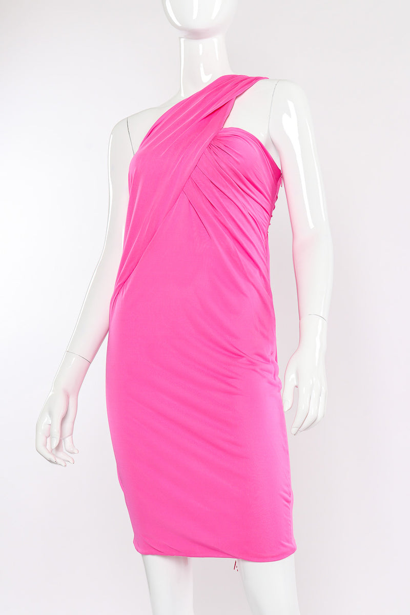 Versace Ruche One-Shoulder Dress front view closeup on mannequin @Recessla