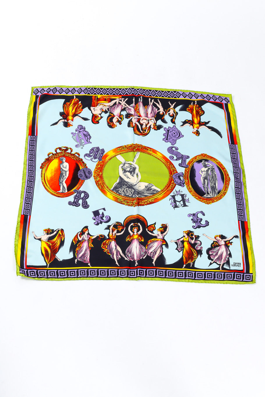 Silk scarf by Gianni Versace flat lay on white background @recessla