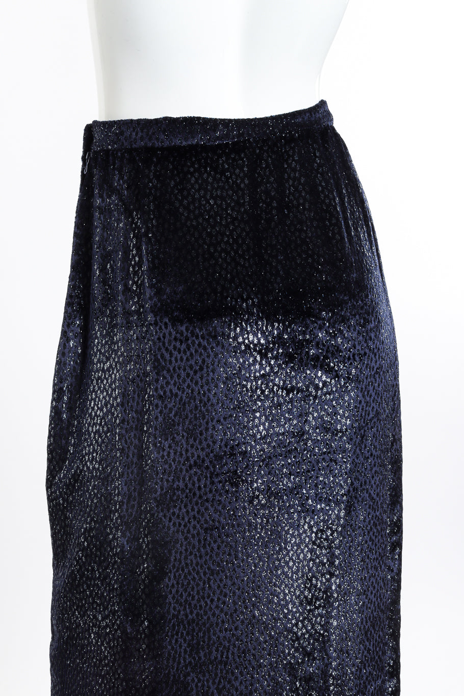 Vicky Tiel Metallic Silk Velvet Skirt back on mannequin closeup @recessla