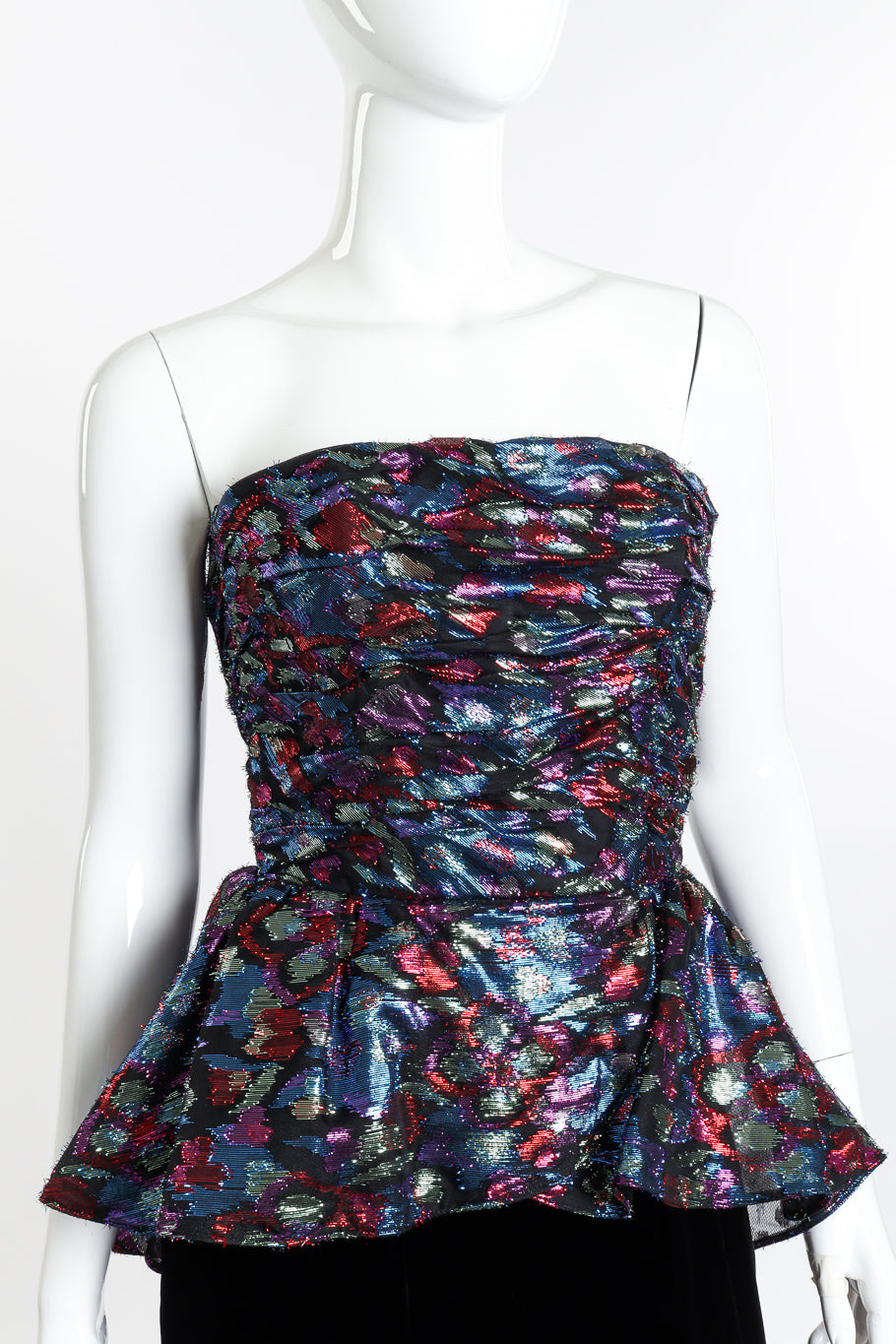 Vintage Victor Costa Metallic Velvet Ruffle Dress front bodice on mannequin closeup @recess la