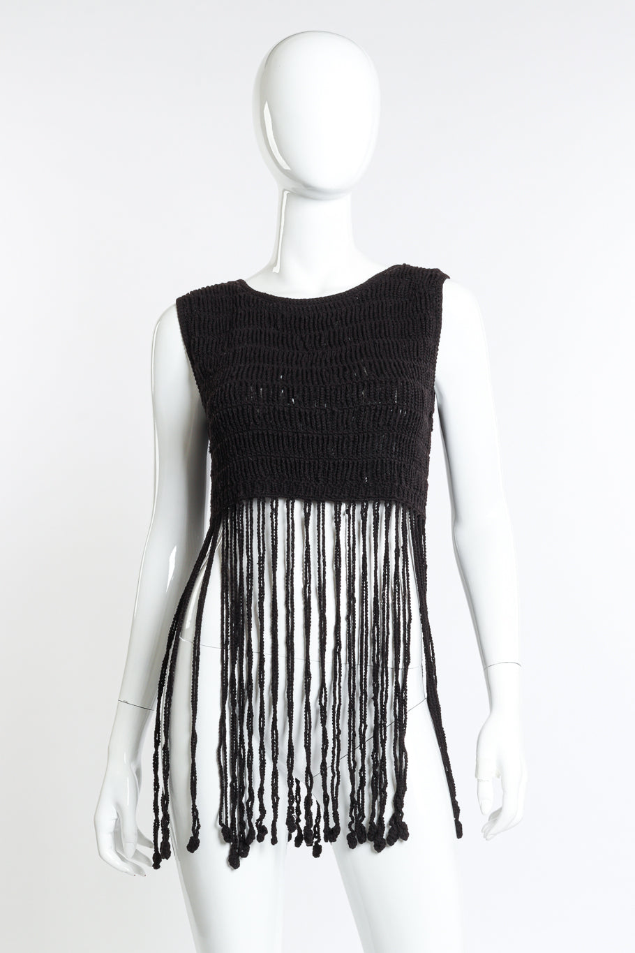 Vintage Vivienne Tam Crochet Fringe Crop Top front on mannequin @recess la
