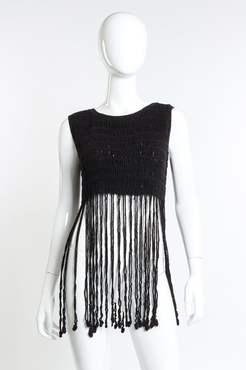 Vintage Vivienne Tam Crochet Fringe Crop Top front on mannequin @recess la
