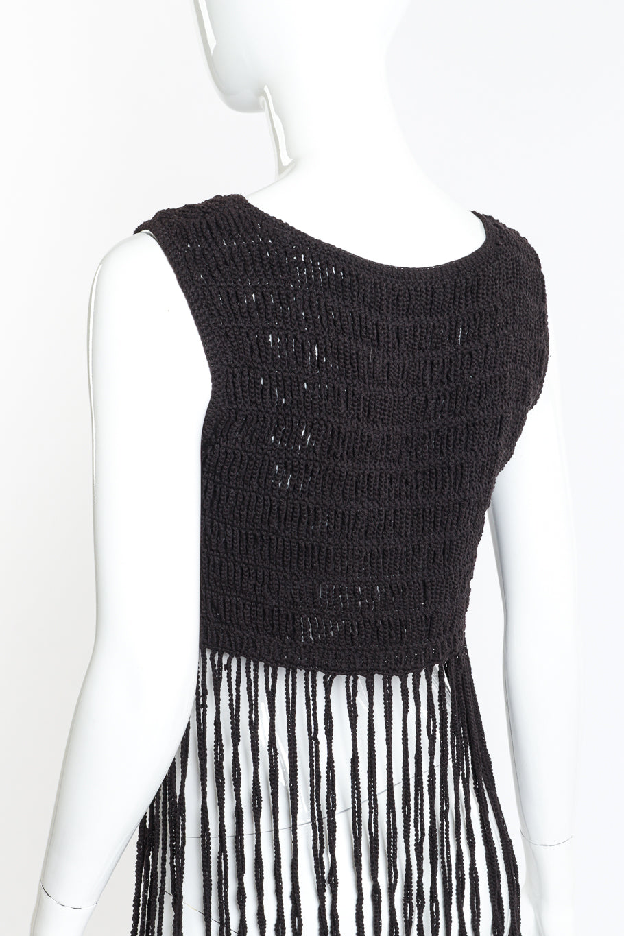 Vintage Vivienne Tam Crochet Fringe Crop Top back on mannequin closeup @recess la