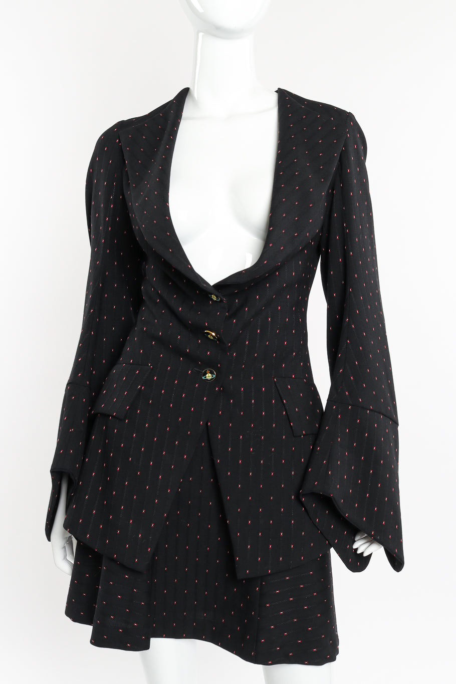 Peplum Flare Jacket & Skirt Suit by Vivienne Westwood on mannequin front close @recessla