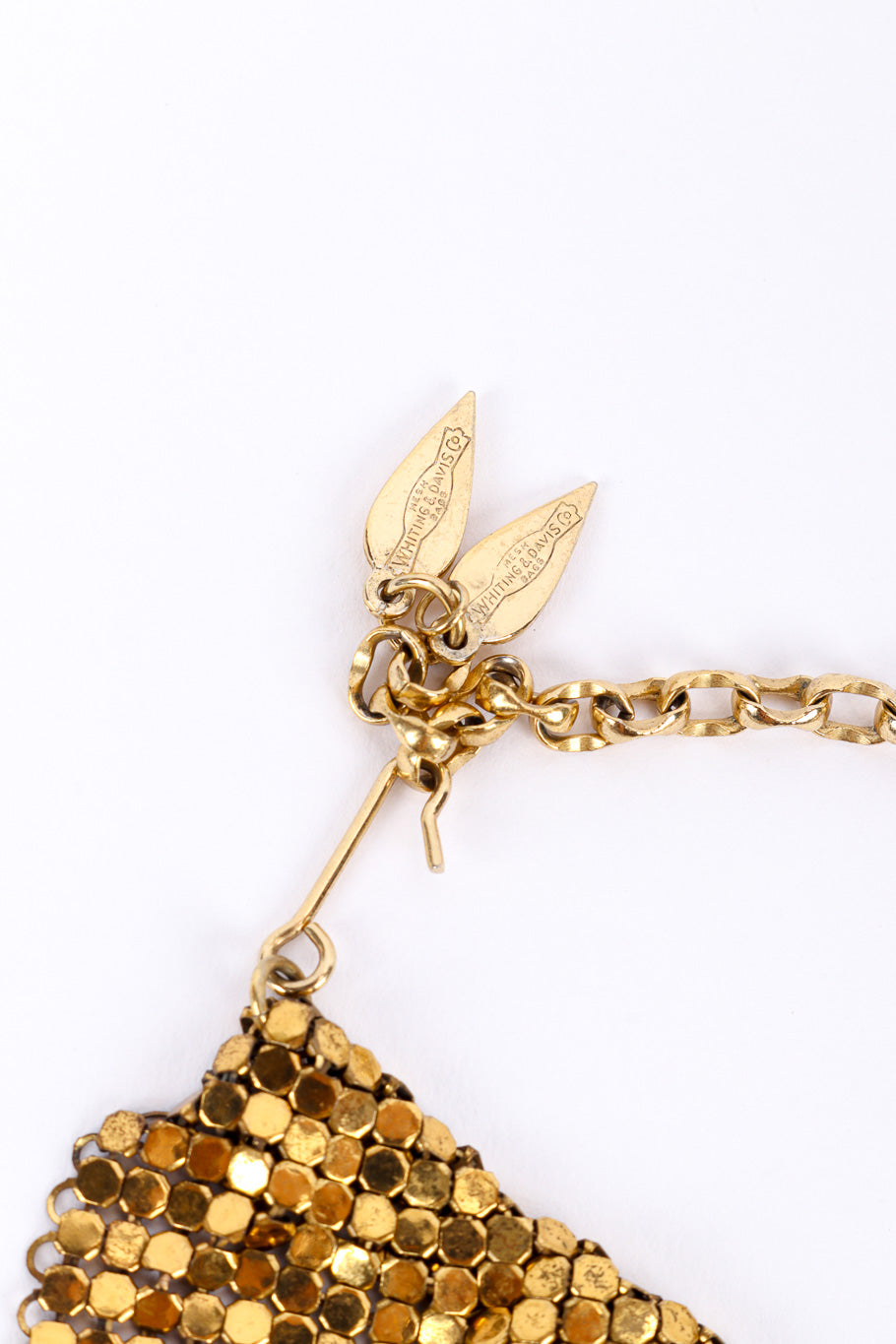 Vintage Whiting & Davis Chain Mesh Bib Necklace III signature charm closeup @recessla