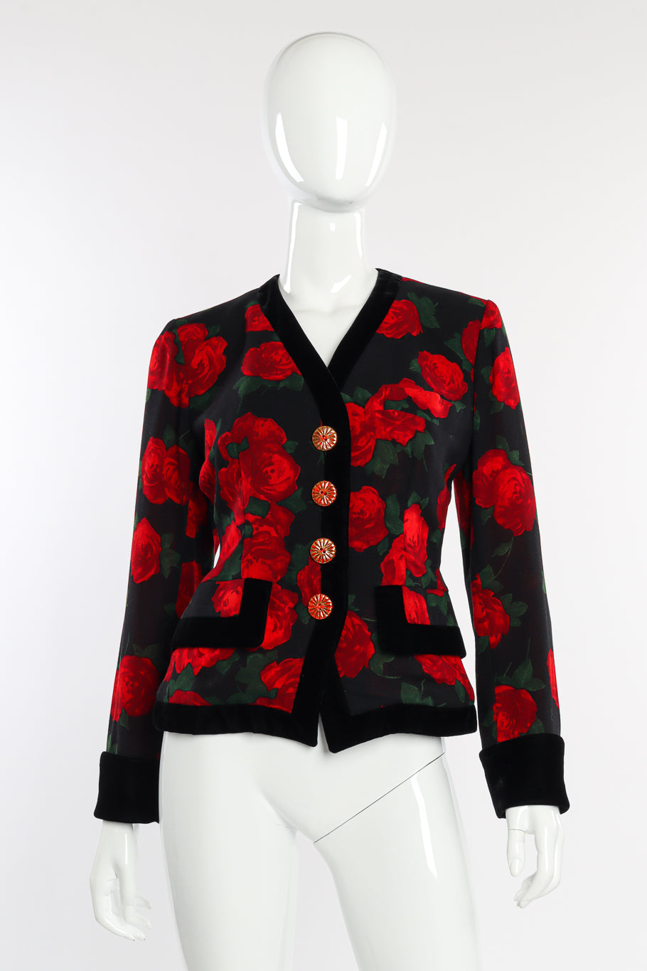 Vintage Yves Saint Laurent Rose Velvet Trim Jacket front on mannequin @recessla