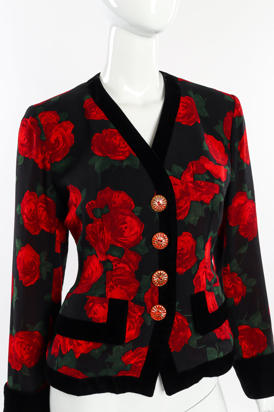 Vintage Yves Saint Laurent Rose Velvet Trim Jacket front on mannequin closeup @recessla