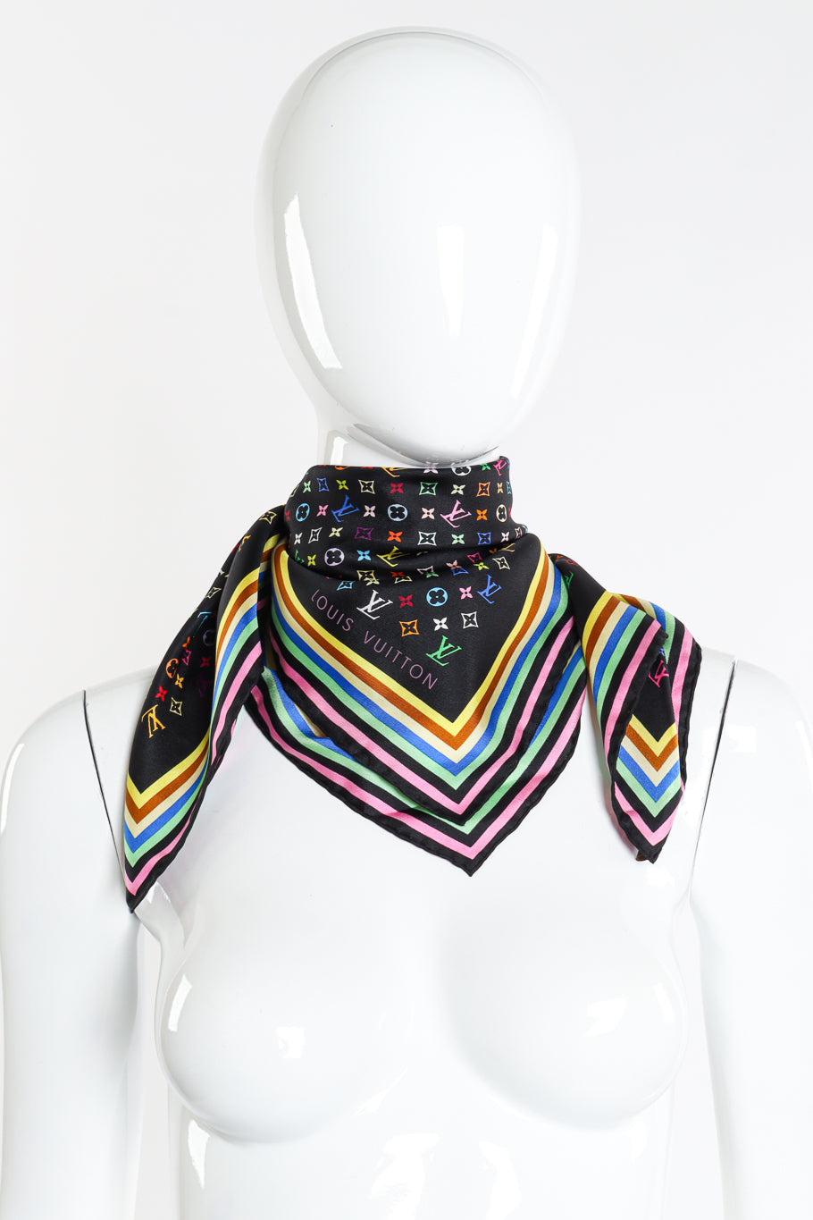 Rainbow Logo Scarf by Louis Vuitton wrapped around mannequin neck @recessla