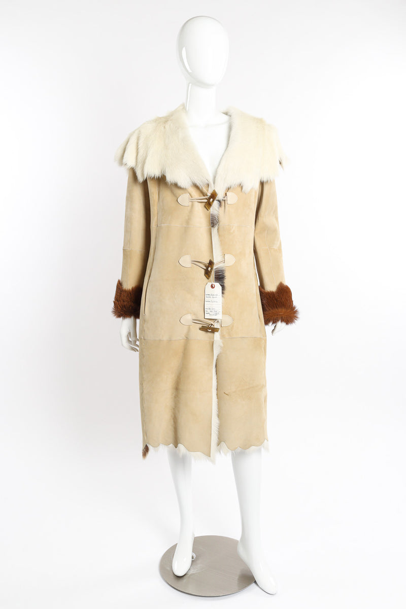 Vintage Zandra Rhodes Suede Goat Fur Coat front on mannequin @recessla
