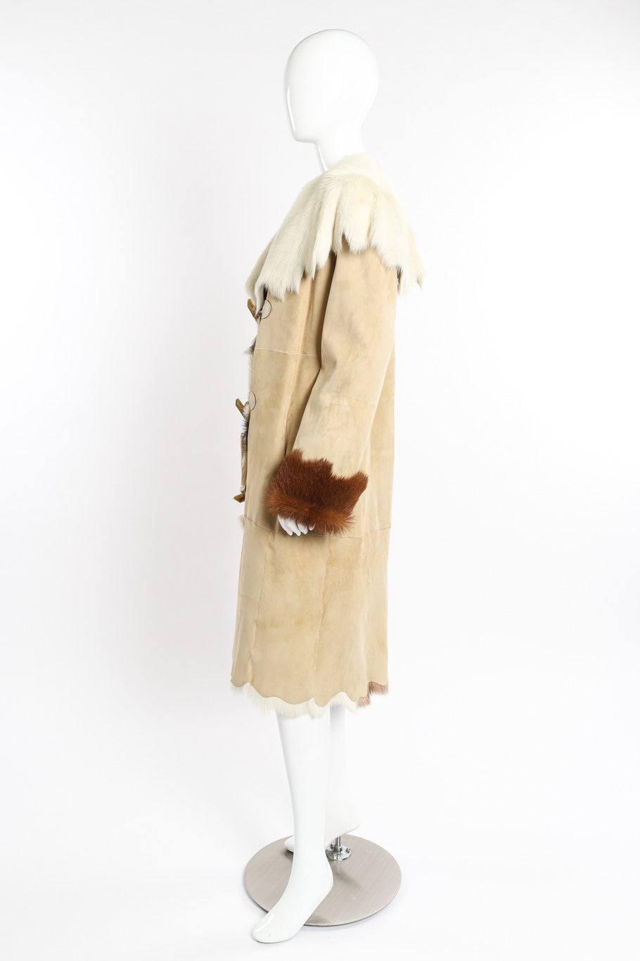 Vintage Zandra Rhodes Suede Goat Fur Coat side on mannequin @recessla
