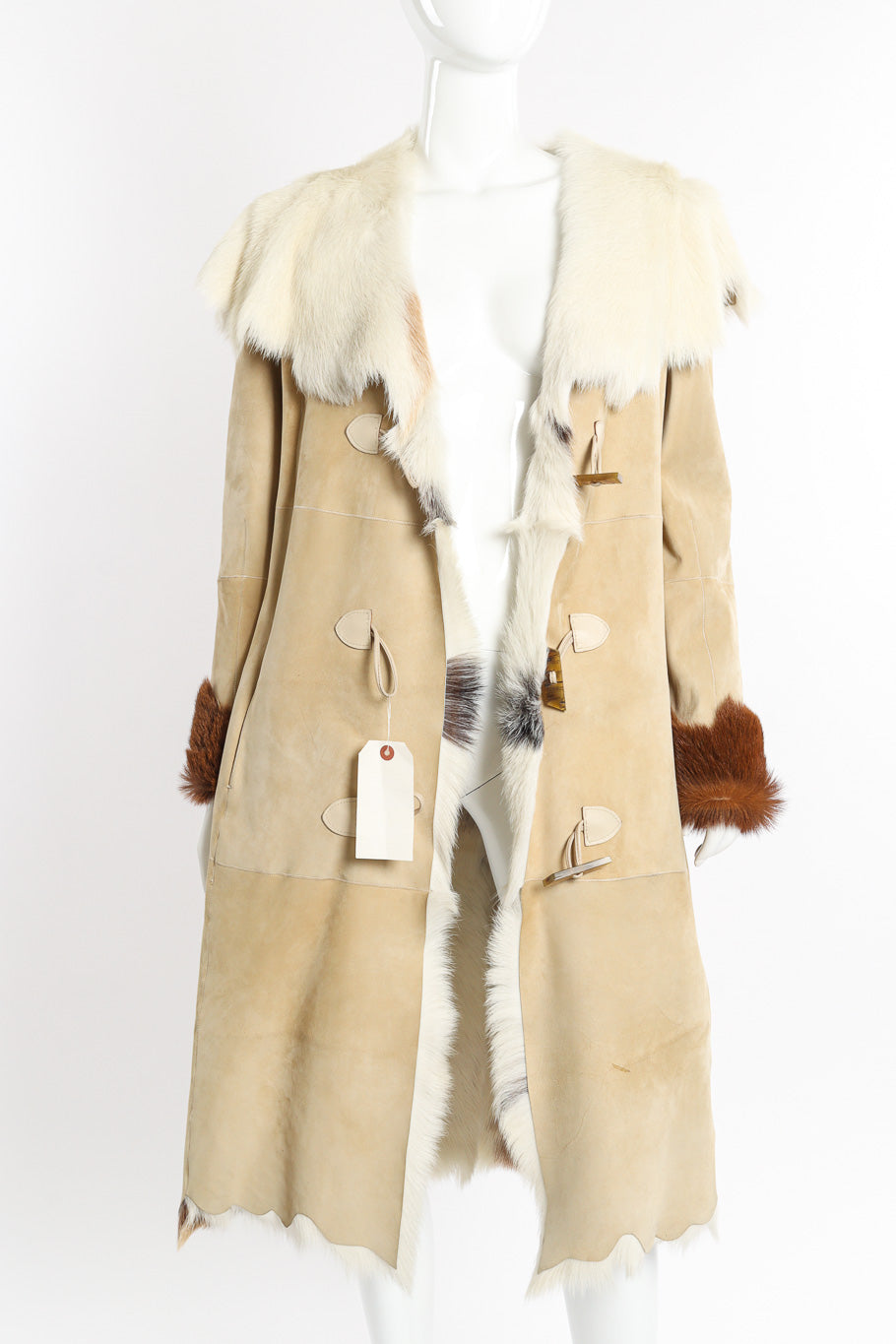 Vintage Zandra Rhodes Suede Goat Fur Coat front on mannequin open @recessla