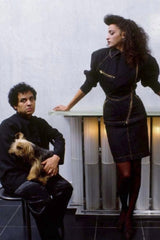 Vintage Asymmetrical Zip Denim Skirt on model with Alaistar Alia in 1986