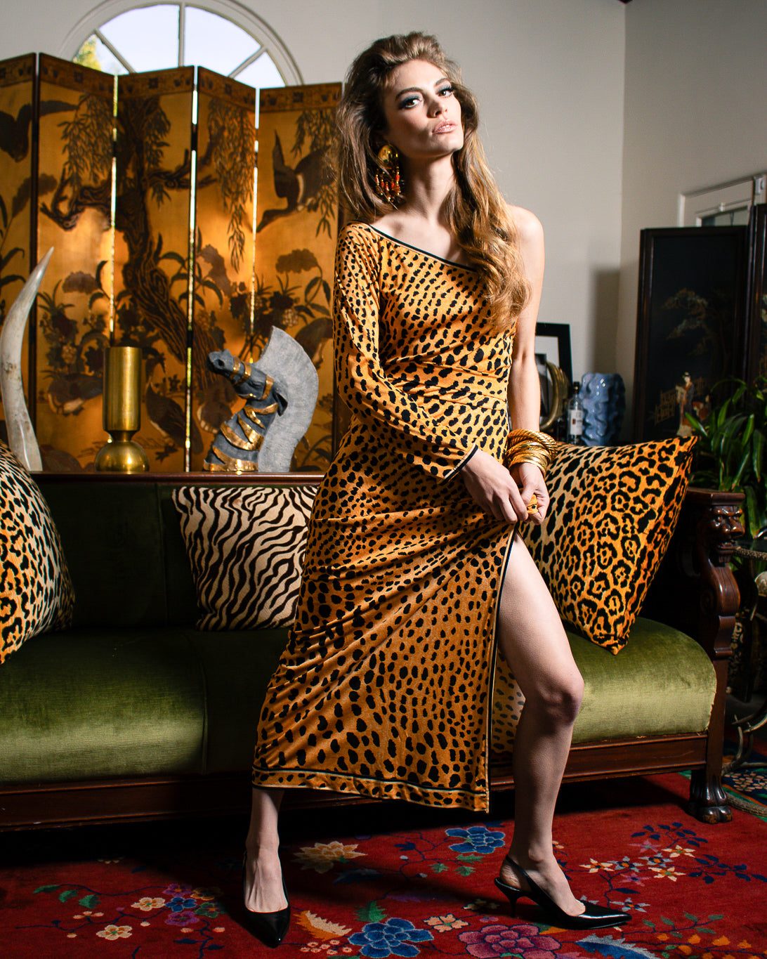 Vintage Leonard One Shoulder Cheetah Print Dress & Sash front on model in front of couch  @recess la