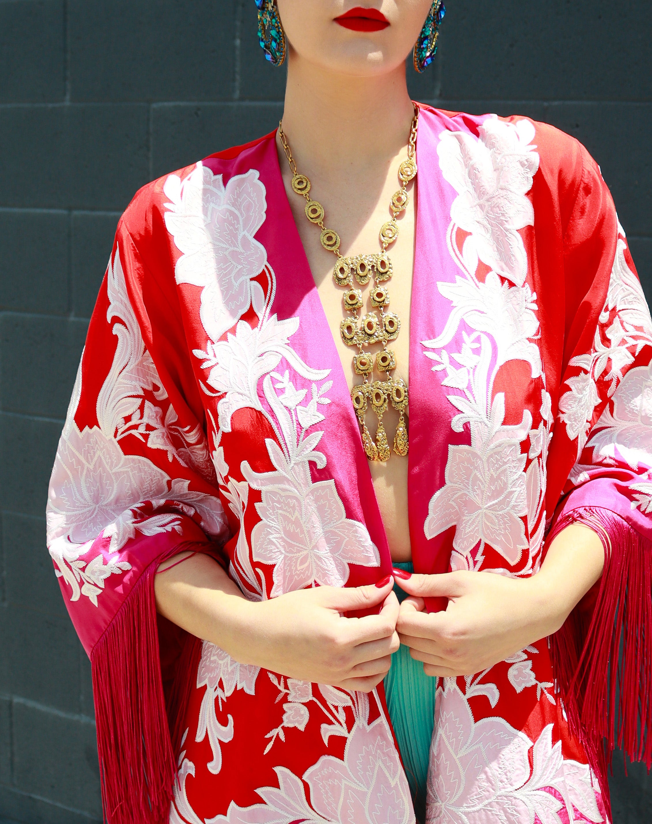 Goldette Brutalist Drop Necklace on model in fringe shawl  @RECESS LA