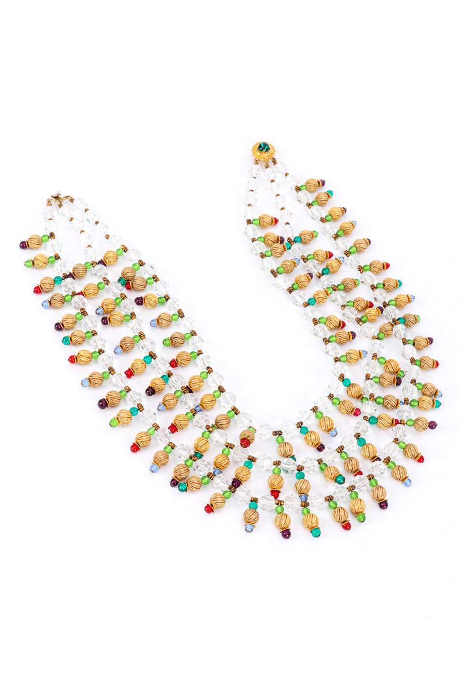Vintage 3-Strand Beaded Necklace front view unclasped on a white backdrop @Recessla