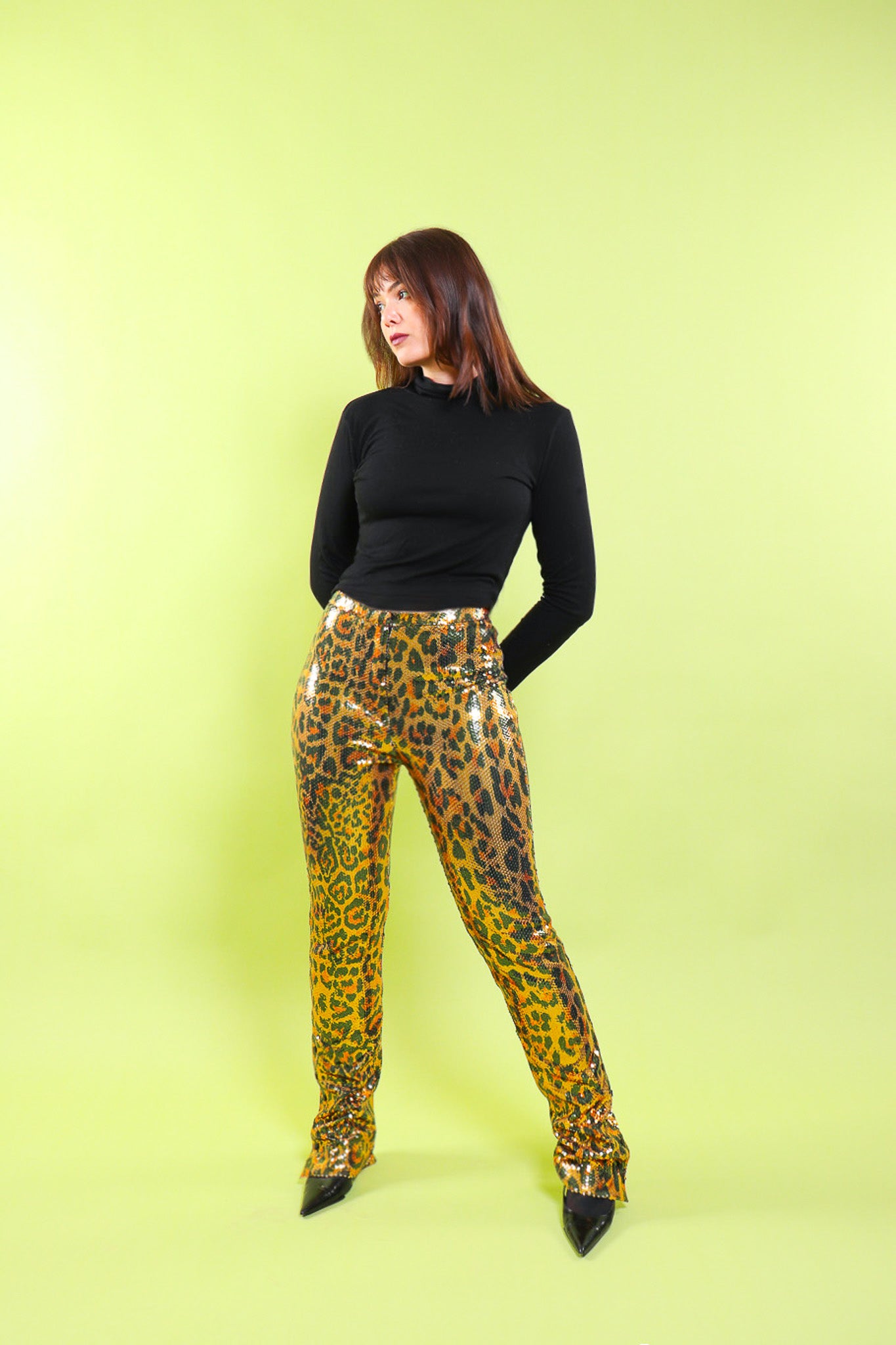 Paco Rabanne Sequin Leopard Pants on model on green background  @RECESS LA