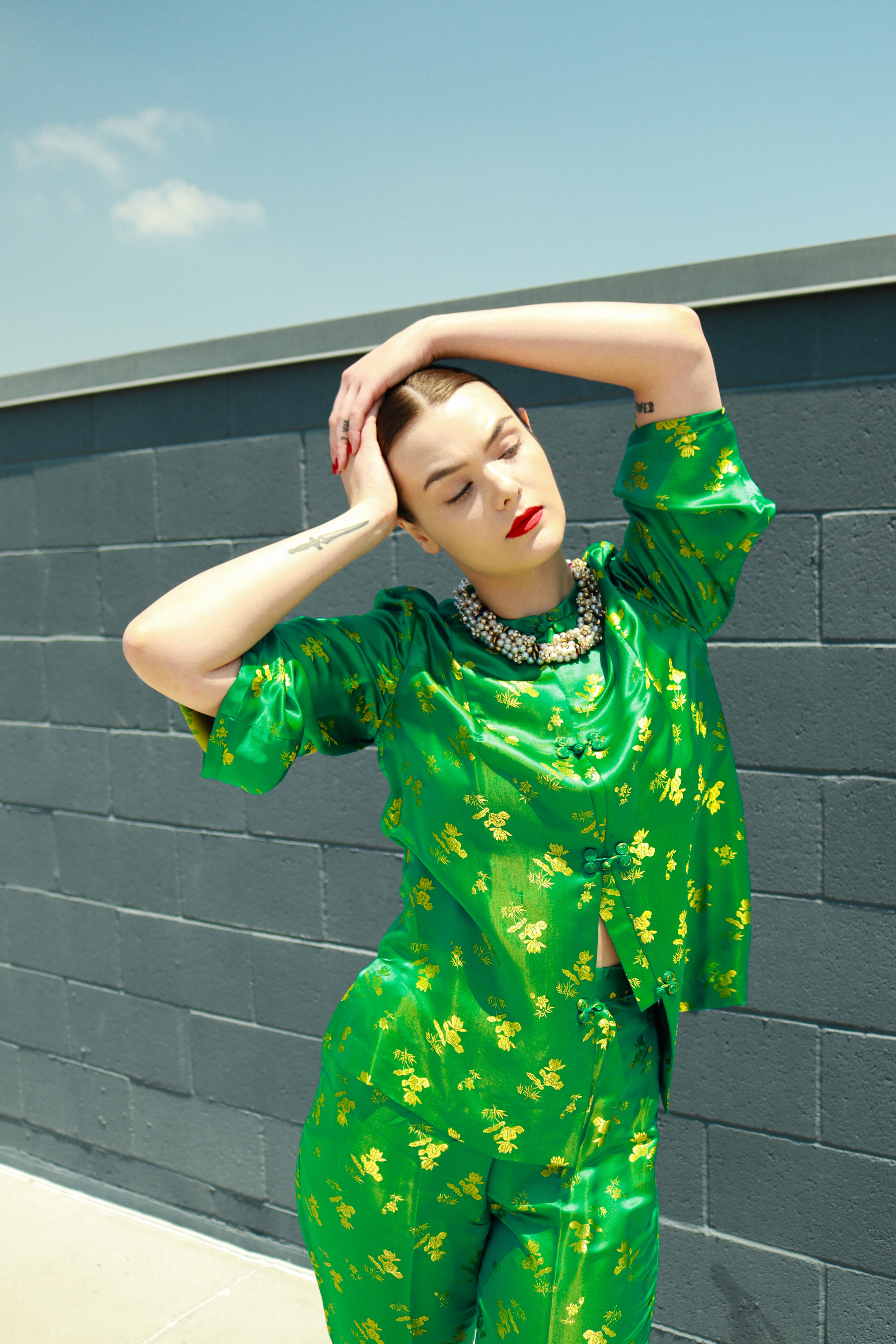 Pearl & Crystal Collar Necklace on model in green silk  @RECESS LA
