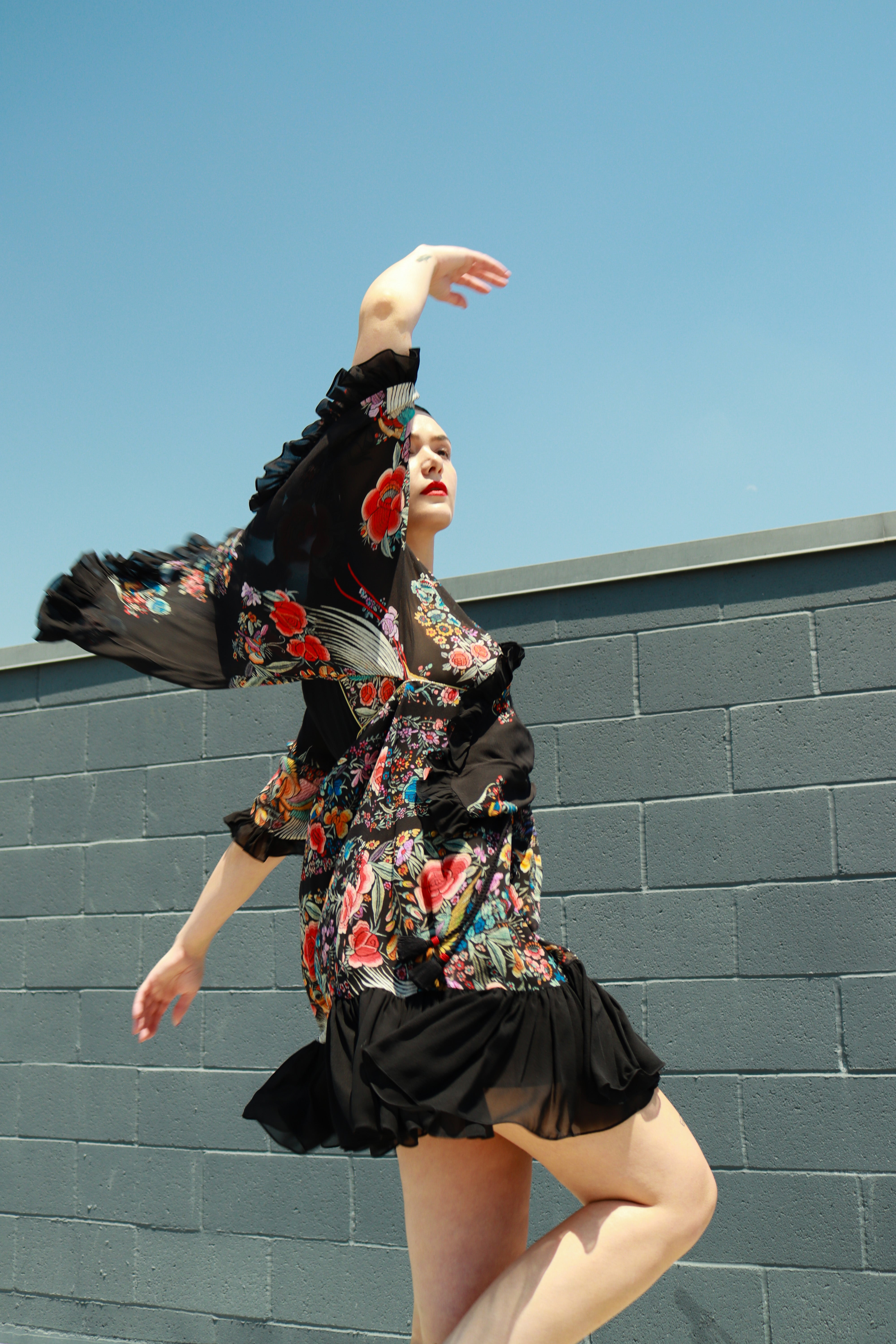Roberto Cavalli Piano Shawl Print Ruffle Dress front on model @recess la
