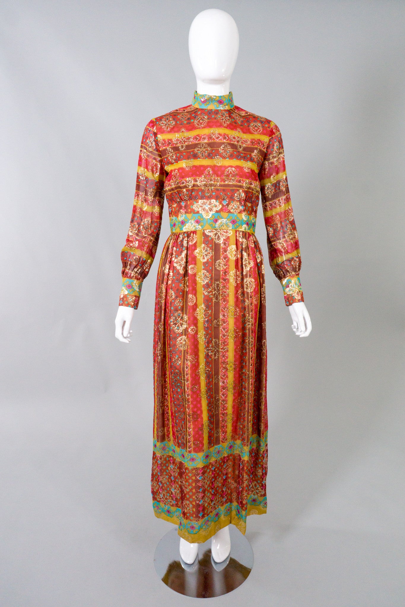 Victor Costa Romantica Metallic Batik Print Dress