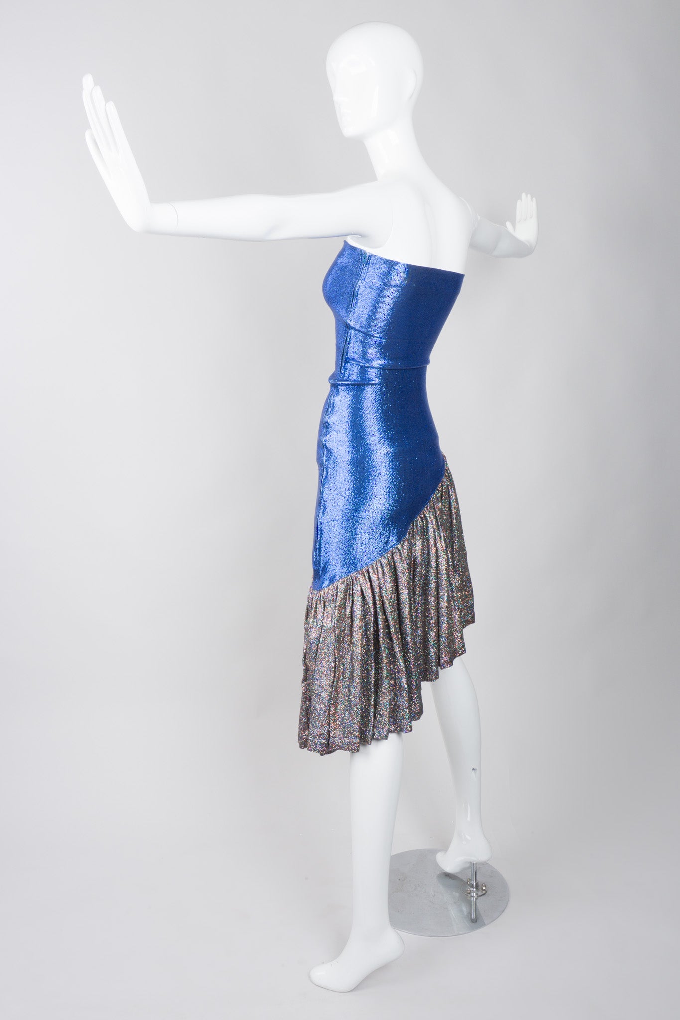 Los Malerbas Santa Monica Asymmetrical Lamé Metallic Mermaid Ruffle Dress