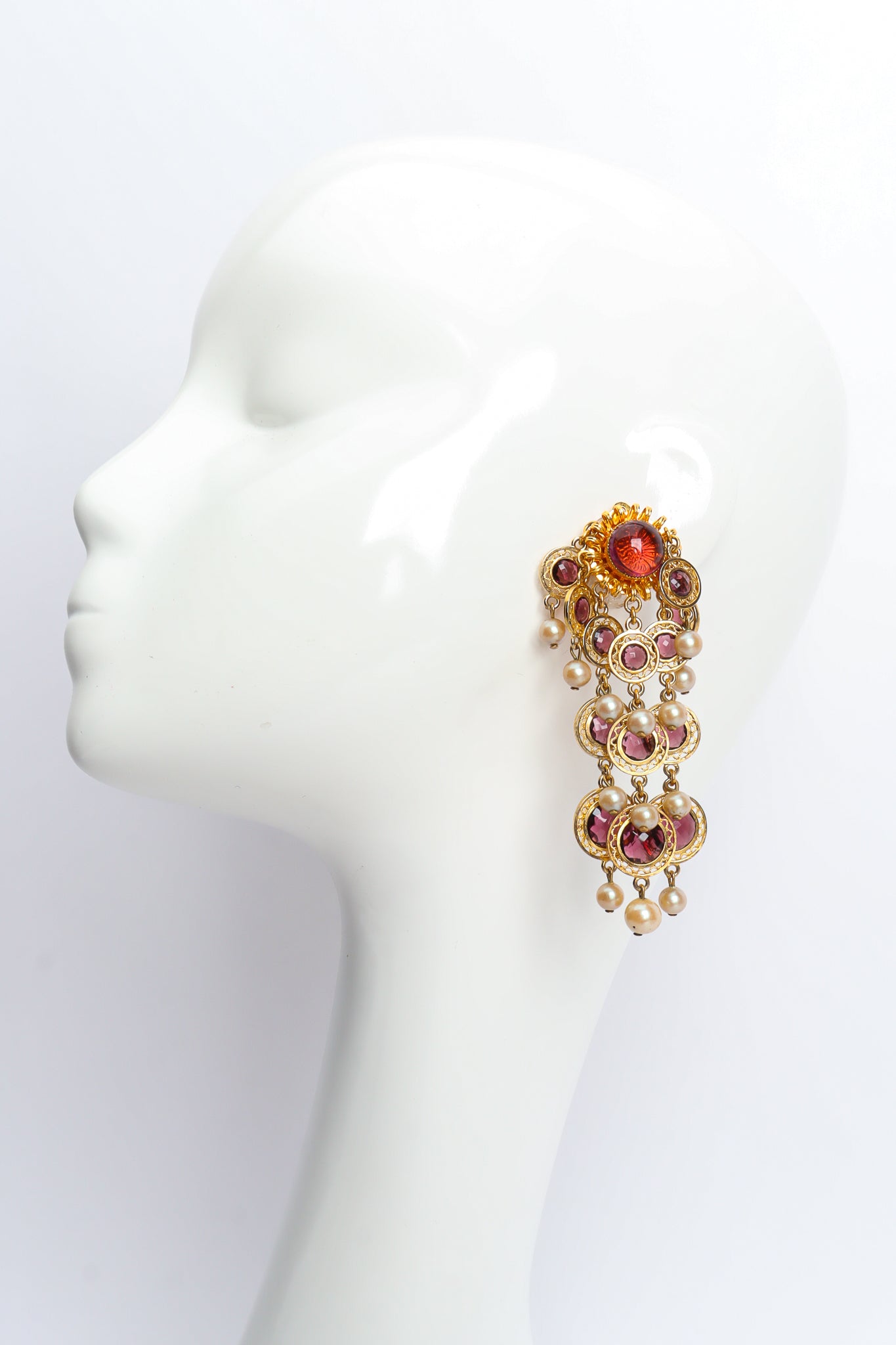 Vintage William DeLillo Amethyst Pearl Chandelier Earrings on mannequin @ Recess LA