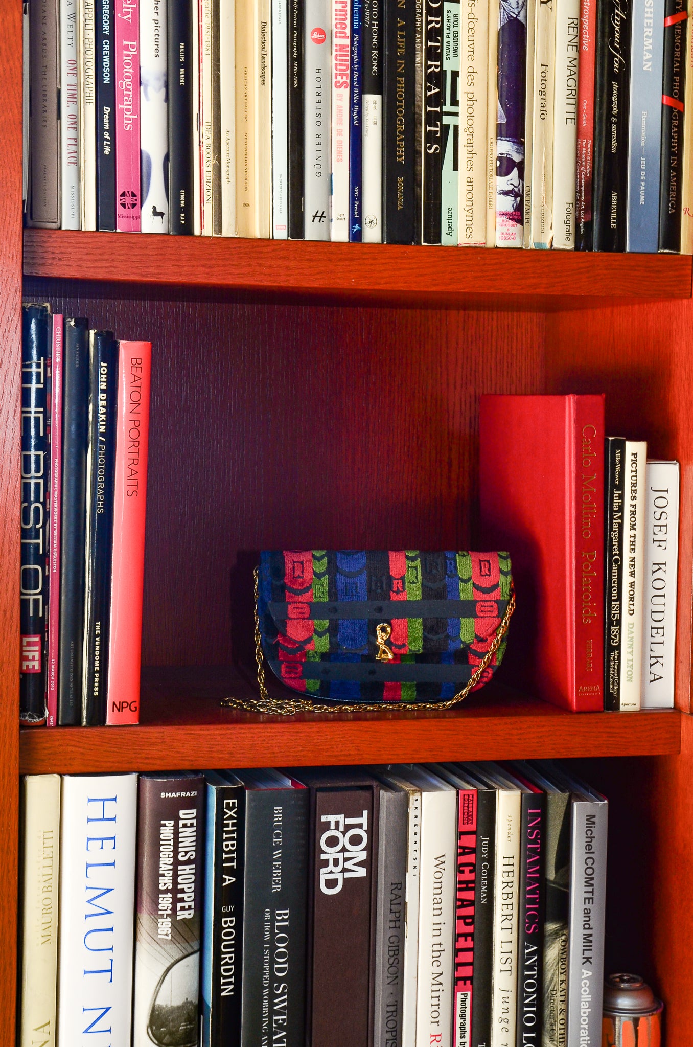 Vintage Roberta di Camerino Velvet Striped Leather Accordion Clutch Bag on Bookshelf at Recess LA