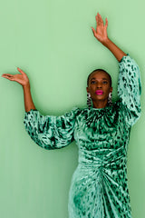 Monica Ahanonu in Vintage Oscar de la Renta Silk Velvet Balloon Sleeve Gown at Recess LA