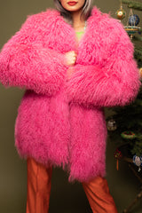 girl in Vintage Krizia Pink Mongolian Fur Coat w/ Escada top & Orange pant on olive @ Recess LA