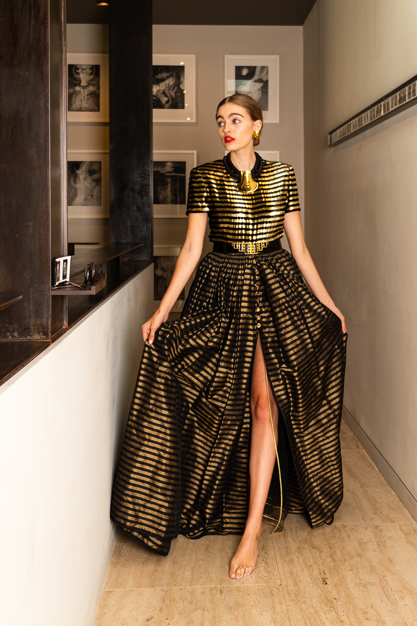 Hannah in Vintage Galanos Gold Striped Panel Gown With Shorts fabric at Recess Los Angeles